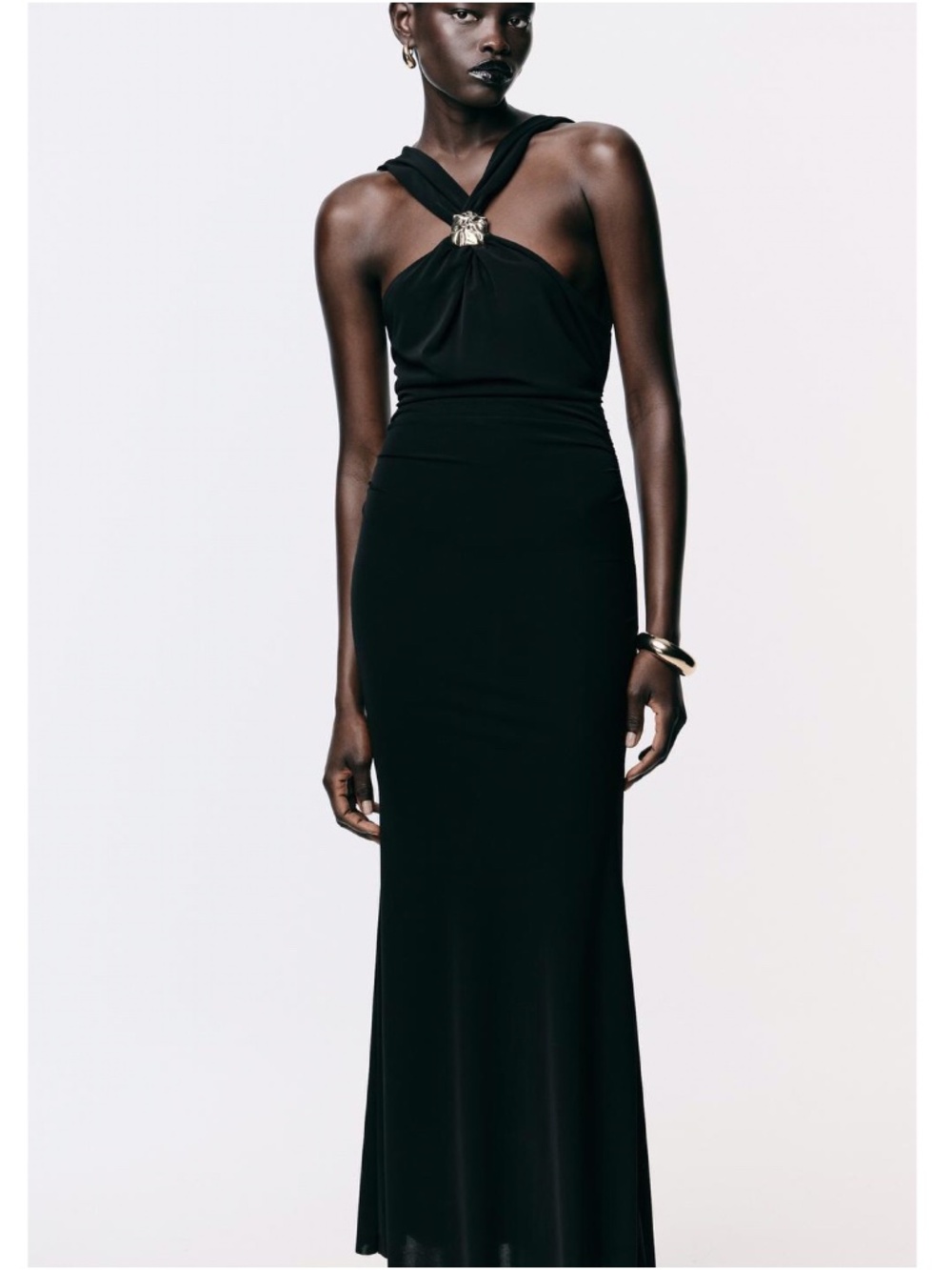 Zara Midi Dress Black Fitted Wrap Gold Neck Detail Criss-Cross Back Slit Large